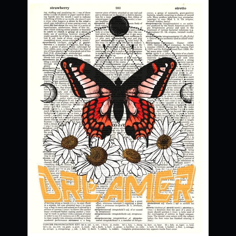 Retro Butterfy Moon Daisy Dreamer Dictionary Art Print